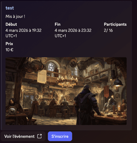 Affichage du tableau d'évènement sur Discord